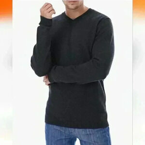 LELLO | Men's Dark Grey Cotton/Wool Blend Slim Fit  V-Neck Long Sleeved Sweater